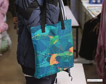 Geometric Print Tote Bag - Tropical Blue Orange, Fashion Travel Canvas Bag, Two Options: Basic Tote and Urban Tote