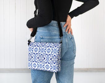 Azulejo Print Crossbody Bag - Blue Pattern, Traditional European Tile Printed Purse