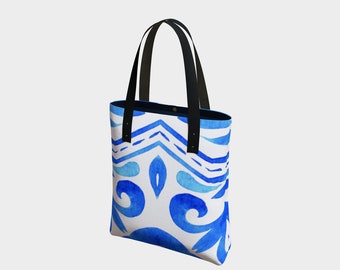 Azulejo Print Tote Bag, European Heritage Collection, Urban Chic Personal Bag, Elegant Purse