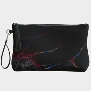 Elegant Vegan Leather Makeup Bag in Black and Cosmic Abstract Lines, Personal Handbag with Wristlet Strap