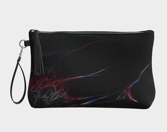 Cosmic Vegan Leather Clutch: Black Abstract Handbag with Wristlet