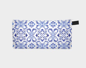 Zippered Pouch - Azulejo Collection - European Heritage Printed Canvas Bag - Small Makeup Bag