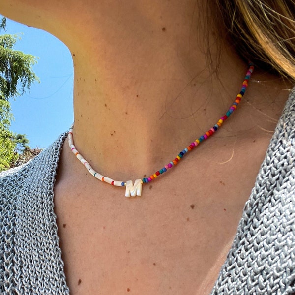 funfetti necklace with nacre initial, beaded colorful necklace, fun jewelry, affordable trendy necklace, letter necklace, initials necklace