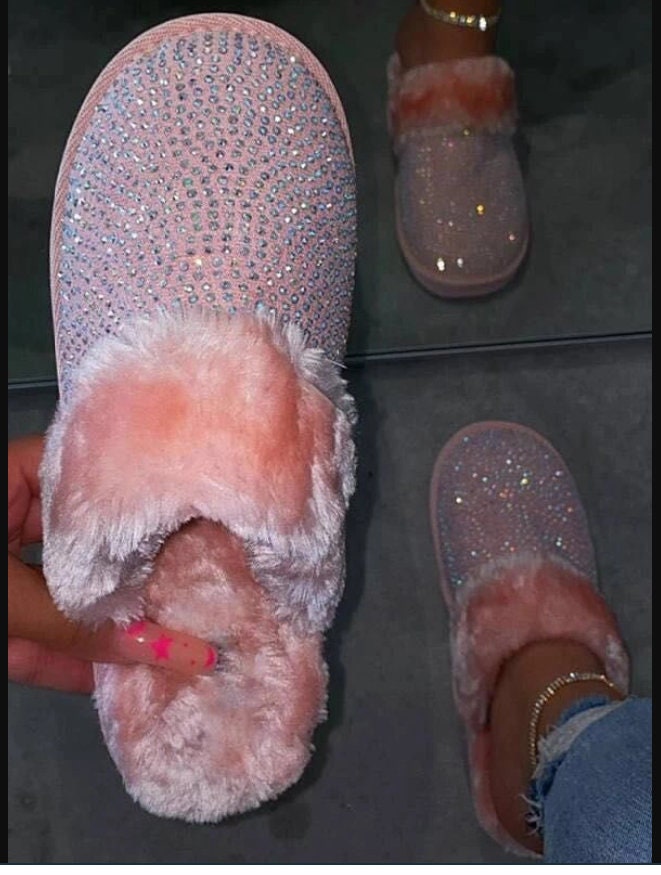 Brand New Faux Fur Rhinestone/glitter Closed Toe Soft Slippers - Etsy UK