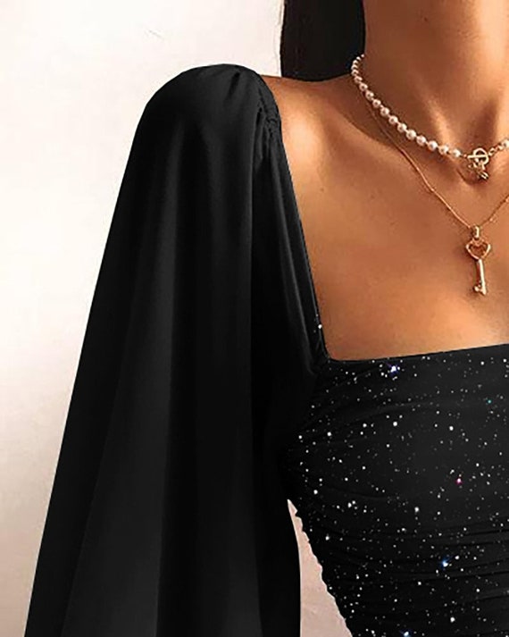 Glitter Lantern Sleeve Ruched Bodycon 