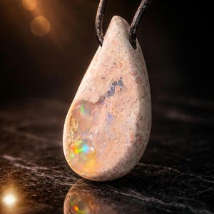Puede incluir: Un colgante en forma de lágrima hecho de una piedra de color claro, posiblemente ópalo, con un cordón negro. La piedra tiene una textura rugosa y muestra colores iridiscentes. El colgante está sobre un fondo oscuro.
