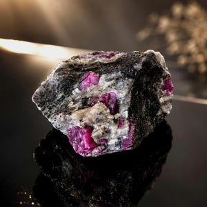 Könnte beinhalten: Ein roh geschnittener Edelstein mit leuchtend rosa Rubinkristallen, eingebettet in eine Matrix aus dunkelgrauem und weißem Gestein. Die Oberfläche des Steins reflektiert das Licht und zeigt seine natürliche Textur und Farbvariationen. Ein natürliches Mineral.