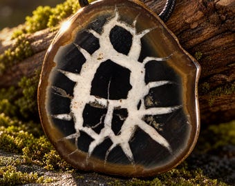 May include: A pendant featuring a polished, circular slice of septarian stone with a dark brown outer rim, a black center, and a network of white, vein-like mineral inclusions. The pendant is suspended from a black cord necklace.