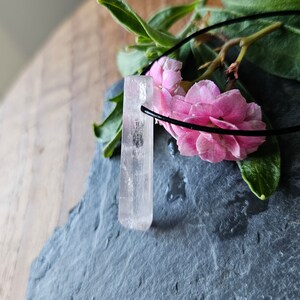 Kunzite pendant, Kunzite crystal light pink, raw stone, 37 x 10 x 7 mm, drilled, on a leather strap