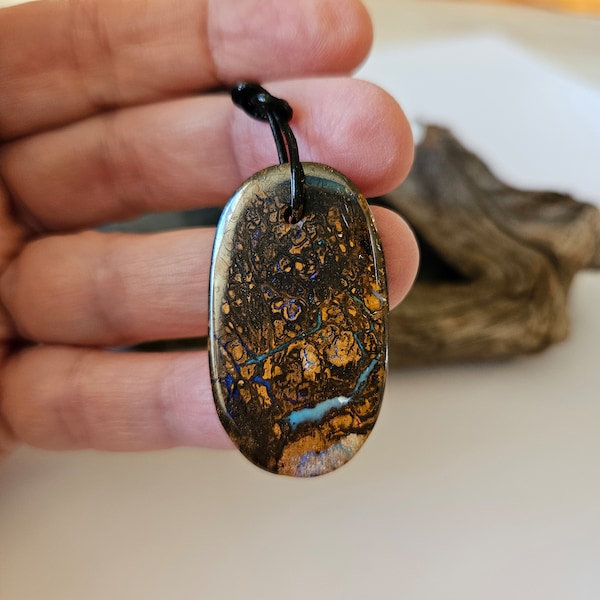 Boulder Opal pendant "Living Earth", 40 x 23 x 3.5 mm, drilled, on adjustable leather strap, Koroit Yowah Opal