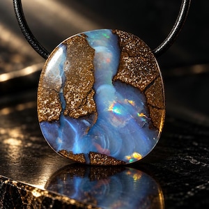 Könnte beinhalten: Ein Boulder-Opal-Anhänger mit einem polierten, abgerundeten Stein, der irisierende blaue und grüne Blitze in einer texturierten, dunkelbraunen Eisensteinmatrix aufweist. Der Anhänger hängt an einer schlichten, glatten schwarzen Kordelkette.