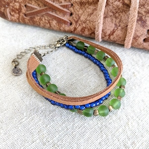Multistrand Suede and Bead Bracelet | Recycled Glass Bead Bracelet | Boho Style Bracelet | Handmade Jewelry | Gift for Her