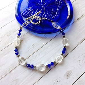 Quartz and Blue Glass Bead Bracelet | Clear and Cobalt Strung Bead Bracelet | Handmade Jewelry | Gift for Her