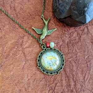 Antique Brass Bird Necklace: Vintage Postcard Charm, Handmade Jewelry