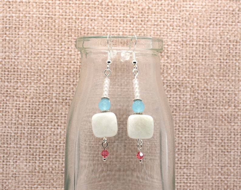 Gift for Her Bead Drop Earrings Natural Amazonite Earrings Stone and Glass Bead Earrings Handmade Jewelry
