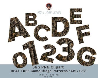 Alfabeto y números de camuflaje de árbol real (PNG)