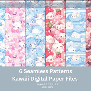 Kawaii digitale papierset, schattig kawaii-patroon, digitale kunst, digitaal afdrukbaar papier, roze, blauwe collectie, cadeauverpakking, inpakpapier, ontwerpen