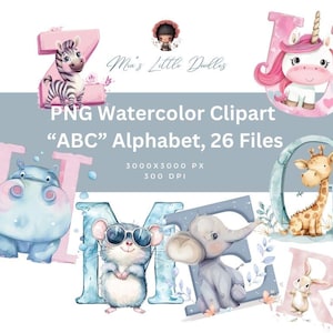 Clipart di animali dell'alfabeto ad acquerello, Clipart di lettere dell'alfabeto, ClipArt per bambini, Animali dalla A alla Z, Clipart, Animale carino, PNG dell'alfabeto