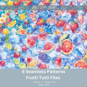 Zestaw Kawaii Digital Paper, Świeże owoce, Kostki lodu, Bezszwowe wzory cyfrowe, Estetyka inspirowana anime, Kolekcja, Pobierz, Tutti Frutti