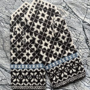 May include: A pair of knit mittens featuring a dark brown and cream geometric star pattern. The cuffs are detailed with a horizontal light blue stripe and a smaller repeating diamond border at the bottom edge, finished with a ribbed knit trim.