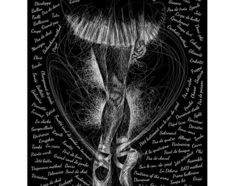 Ballet Poster For Girls-Gift For Ballerina-Ballet Teacher Appreciation Gift-Ballerina Illustration-Ballet Wall Art-Ballet Terms-B/W Version