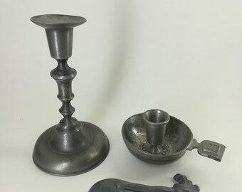 Candlesticks Set with Candle-Snuffer, Tin Metal