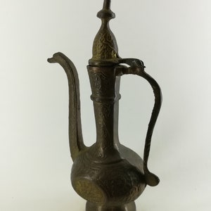 Oriental Vintage Brass Pitcher, Etched Metal Tea Pot