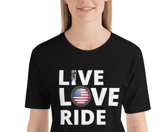 LIVE LOVE RIDE my own with American Flag T-Shirt for Women who Ride Their Own Motorcycle