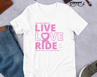 Female Rider LIVE LOVE RIDE Breast Cancer Awareness Tee