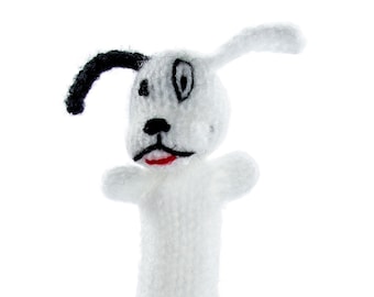 White dog finger puppet puppet theater for playing and learning from wool knitting for children and babies