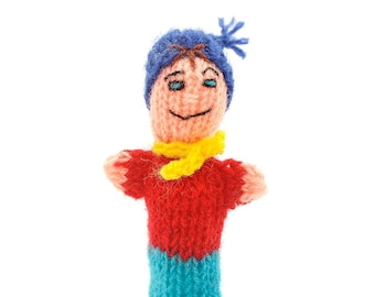 Young finger puppet theatre for playing and learning wool knitting for children and babies