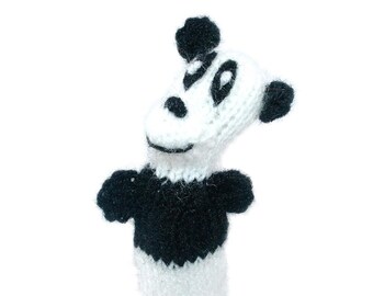 Panda bear finger puppet puppet theater for playing and learning from wool knitting for kids and babies