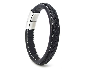 Men's bracelet in genuine leather braided with magnetic clasp in stainless steel black color