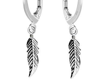 Pair of Brisur earrings Earrings with feather in sterling silver 925 for women and men L= 34.0 mm