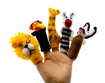 Jungle Friends Lion, Zebra, Giraffe, Monkey, Fox, Finger Puppet Puppet Theatre for playing and learning from wool knits for kids and babies