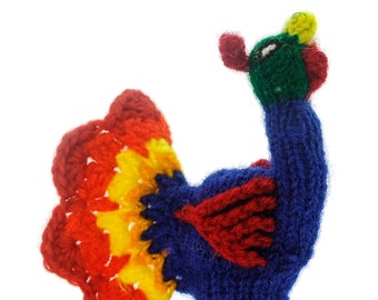 Peacock finger puppet puppet theatre for playing and learning from wool knitting for children and babies