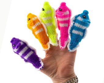 Discount. Fish finger puppet, animals for playing and learning, toys hand-knitted from soft wool for baby and children