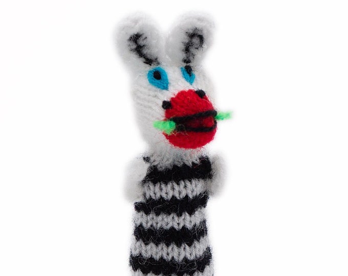 Zebra finger puppet, animals for play and learning, toy hand knitted from soft wool for baby and children