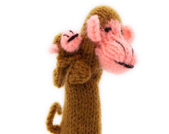 Monkey with baby finger puppet, animals for playing and learning, toy hand-knitted from soft wool for babies and children