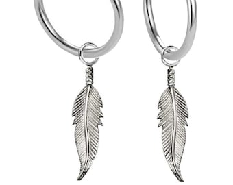 Hoop earrings made of sterling silver 925 with pendant feather lucky charm for women, men and girls