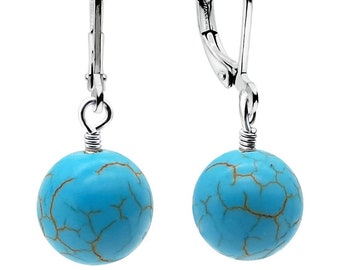 Brisur earrings in 925 sterling silver with healing stone pendant blue turquoise gemstone earring L= 30 mm.