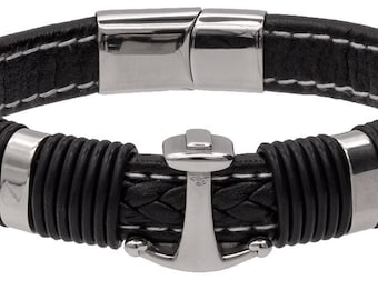 Men's Jewelry Braided genuine leather strap with stainless steel anchor and magnetic closure