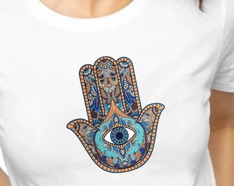 Women's T-Shirt Short Sleeve Shirt Yoga Spiritual Hand of Fatima Print Shirt Basic Regular Fit for Women and Girls White