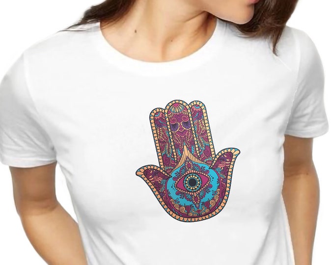 Women's T-Shirt Short Sleeve Shirt Yoga Spiritual Hand of Fatima Print Shirt Basic Regular Fit for Women and Girls White