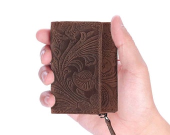 Mini wallet made of genuine buffalo leather with engraved flowers in brown color