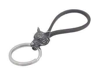 Wolf's Head Pendant Keychain Made of High Quality Genuine Leather and 316L Stainless Steel