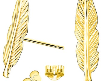 Studearrings feather in sterling silver 925 18 carat gold plated with butterfly clasp for women's girls