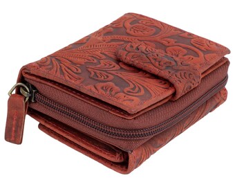 RFID Women's Wallet Genuine Leather Red – 14 Card Slots, 2 Coin Pockets, Floral Embossing, 11×9×4 cm