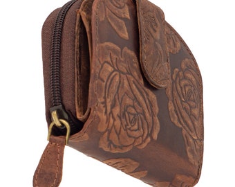 Small wallet or purse with RFID protection made of genuine buffalo leather embossed with roses in semicircular shape in brown color