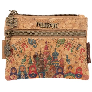 May include: Cork coin purse with a zip closure and a floral charm. The purse features a colourful illustration of Russian nesting dolls and St. Basil's Cathedral, with musical notes. The brand name "MELLIE MELY" is displayed on the purse.